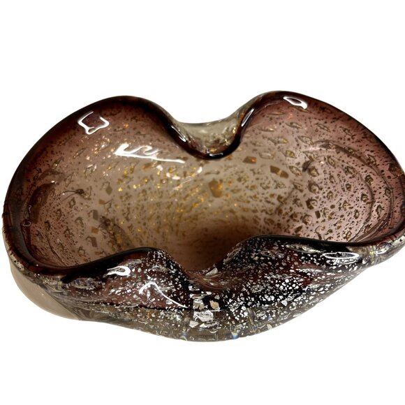 MCM Murano Gold Leaf & Bullicante Amethyst Aventurine Ashtray Folded Bowl - Picture 4 of 16